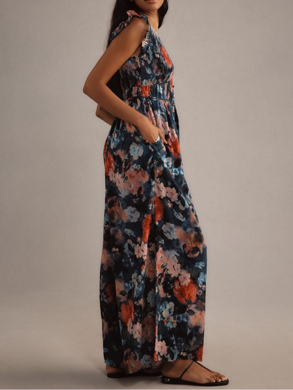 Anthropologie Deep Blue Floral V-Neck Dress with Coral Accents - Picture 4 of 4